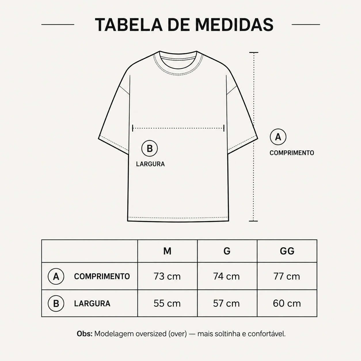 Tabela de medidas camiseta oversized